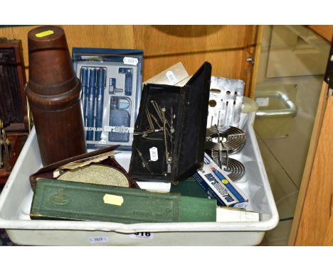 A BOX OF VINTAGE TECHNICAL DRAWING EQUIPMENT, to include a cased set of Staedtler Marsmatic 700 pens, a leather cased Fowler 