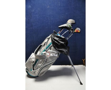 GOLF EQUIPMENT comprising a Ram golf bag containing seven golf clubs, Odyssey white hot putter, Zebra putter, Ping K15, Title