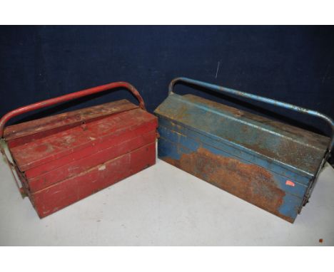 TWO METAL TOOLBOXES containing a quantity of tools to include, large quantity of drill bits, spanners, files, snips, grips et