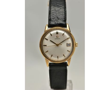A GENTS 9CT GOLD 'OMEGA' WRISTWATCH, manual wind, round silver dial signed 'Omega, baton markers, date window at the three o'