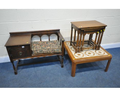 AN OAK TELEPHONE SEAT, an oak nest of three tables and a G plan teak tile top coffee table (condition:-surface wear to teleph