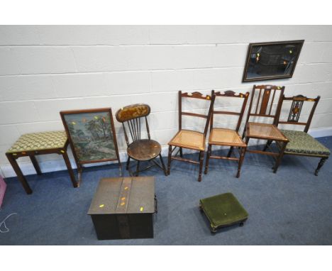 A SELECTION OF OCCASIONAL FURNITURE, to include five various chair that's mainly Edwardian, a mahogany dressing stool, a need