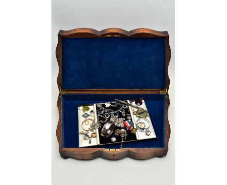 AN EMPTY OAK WOODEN CANTEEN, SILVER JEWELLERY AND COSTUME PIECES, oak wooden canteen, together with a silver floral detailed,