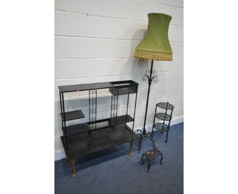A SELECTION OF METALWARE, to include a three tier circular stand, planer with an arrangement of pots, width 90cm, a standard 