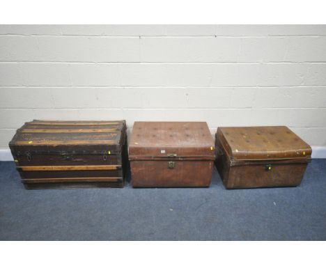 TWO VINTAGE TIN TRUNKS, along with a vintage domed topped trunk (condition:-domed trunk distressed and lid loose) (3)