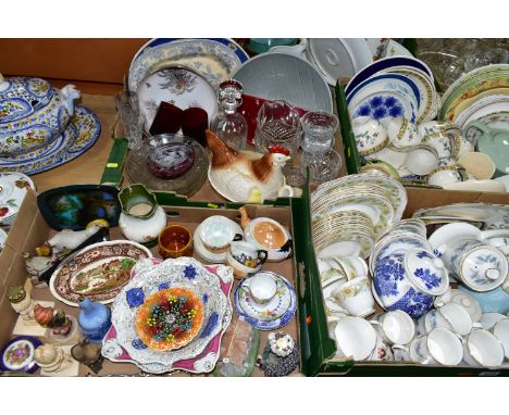 FOUR BOXES AND LOOSE CERAMICS AND GLASSWARES, to include a Portuguese soup tureen, ladle and stand, Royal Worcester Evesham o