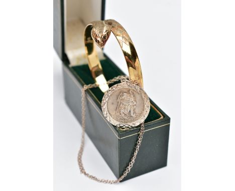 A GOLD PLATED SNAKE BANGLE AND A SILVER ST. CHRISTOPHER PENDANT NECKLACE, a textured gold plated hinged snake bangle, set wit