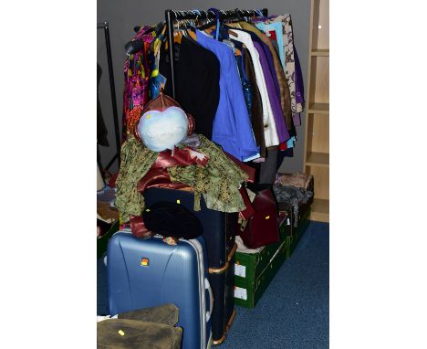 EIGHT BOXES, ONE TRAVELLING TRUNK, SUITCASE AND ONE RAIL OF VINTAGE CLOTHING AND ACCESSORIES, to include a black travelling t