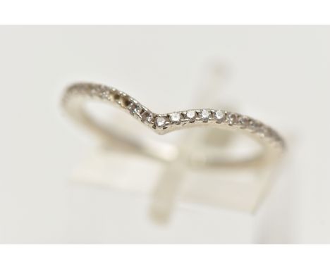 A WHITE  METAL WISHBONE RING, set with small colourless cubic zirconia (two stones are missing), stamped S925 ALE, ring size 