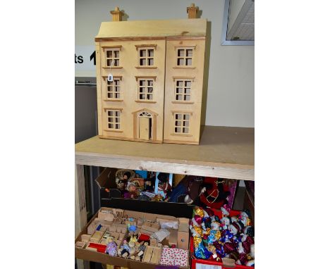 THREE BOXES AND LOOSE DOLLS HOUSE, DOLLS AND FURNITURE, to include a modern three storey undecorated wooden dolls house, heig