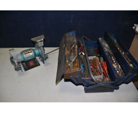 A CLARKE CBG6RF BENCH GRINDER, along with a metal toolbox containing spanners, screwdrivers, snips etc (PAT pass and working 