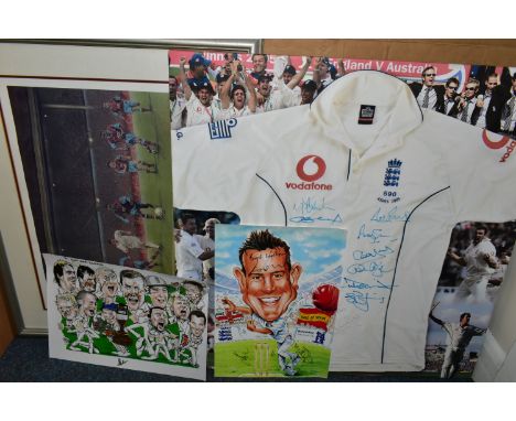 ENGLAND 2005 ASHES CRICKET MEMORABILIA, comprising a life size box canvas photograph of a players shirt which has been over s