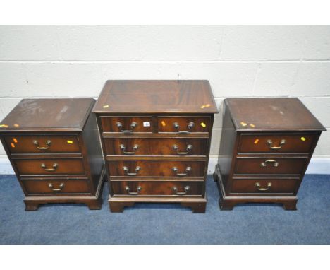 A MAHOGANY CHEST OF FIVE DRAWERS, width 61cm x depth 37cm x height 74cm, and a pair of three drawer units (condition:-all wit