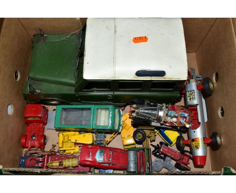 A BOX OF PLAYWORN DIECAST VEHICLES, to include a Corgi Toys Chitty Chitty Bang Bang, having working retractable wings and fou