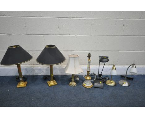 A SELECTION OF TABLE LAMPS, to include a pair of gilt framed column table lamps, a marble and gilt table lamp, three desk lam