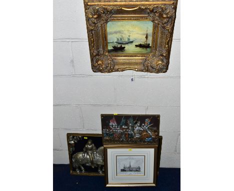 SIX DECORATIVE PRINTS AND WALL PLAQUES, comprising a framed print depicting a 19th Century maritime scene, approximate size i