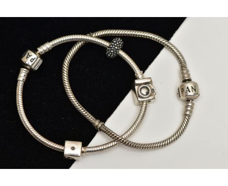 TWO PANDORA CHARM BRACELETS, each snake bracelet is fitted with a hinged barrel clasp signed 'Pandora, stamped S925 ALD', one