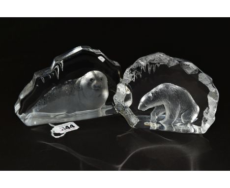 TWO MATS JONASSON CRYSTAL SCULPTURES, heavily relief moulded, one depicting a seal, the other a polar bear, signed and number