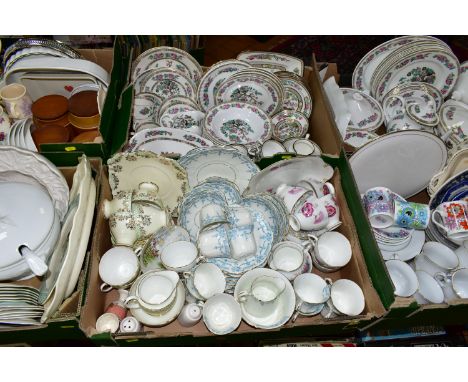 SIX BOXES OF ASSORTED TEA AND DINNER WARES ETC, to include Mayfair China 'Indian Tree' part dinner service, Royal Westminster