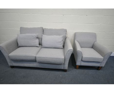 A TWO PIECE GREY UPHOSTERED LOUNGE SUITE, comprising a sofa and armchair (condition:-good condition)