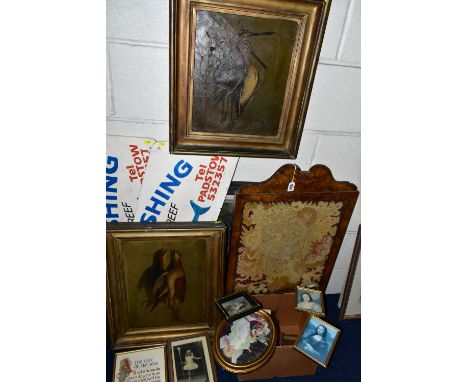 A SMALL QUANTITY OF PAINTINGS AND PRINTS ETC, to include two unsigned early 20th Century oils on canvas depicting game birds 