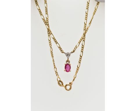 A 9CT GOLD RUBY AND DIAMOND PENDANT NECKLACE, designed with a claw set, oval cut ruby, suspended beneath three claw set, roun