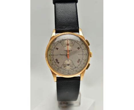 A CHRONOGRAPH SUISSE YELLOW METAL WRISTWATCH CIRCA 1950, hand wound movement, silvered round dial signed chronographe Suisse,