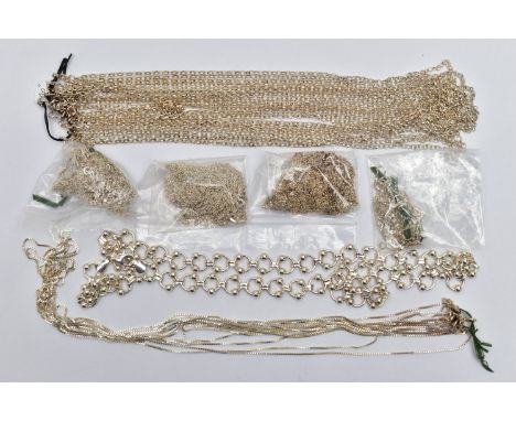AN ASSORTMENT OF SILVER AND WHITE METAL CHAINS, the first a silver fancy link chain, hallmarked Birmingham import, approximat