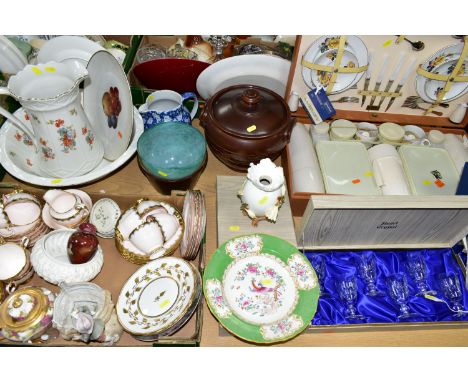 ONE BOX OF CHINA TEAWARES, TWO BOXED SETS OF STUART CRYSTAL GLASSES AND A BREXTON LUXURY PICNIC SET, to include a Brexton Lux