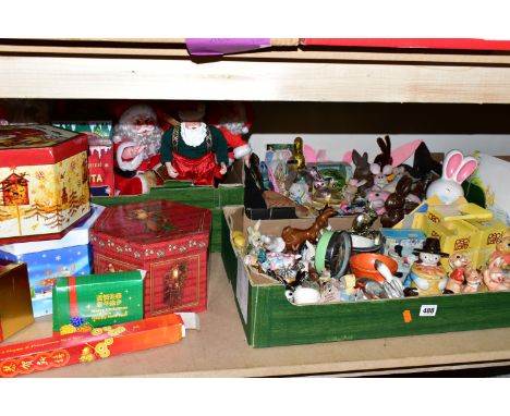FIVE BOXES AND LOOSE CHRISTMAS AND EASTER DECORATIONS, to include a Goebel rabbit pulling a basket,  other rabbit ornaments, 