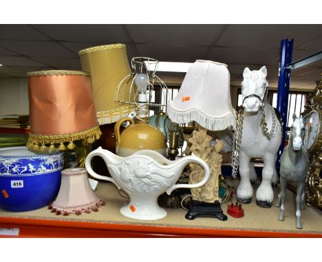 A GROUP OF LAMPS, JARDINIERES, CLOCK AND SUNDRY HOMEWARES, to include eight table lamp bases of various styles, including a p