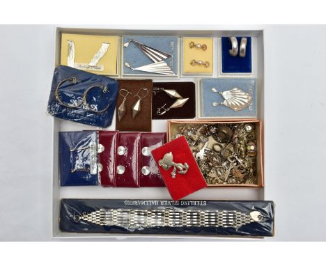 A BOX OF ASSORTED SILVER AND WHITE METAL JEWELLERY, to include a small box of assorted white metal charms in various forms, s