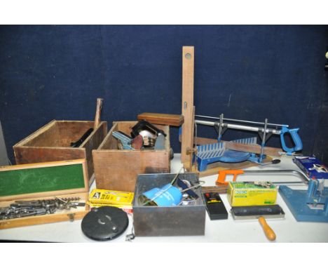 TWO TUBS OF TOOLS to include drill bits, vintage hand drills, chisels, hammer, mitre saw, etc