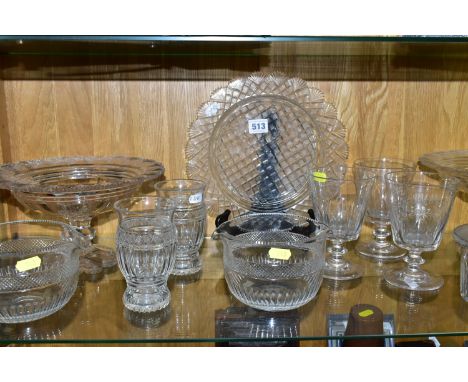 TWELVE PIECES OF 19TH AND 20TH CENTURY CUT GLASS TABLE AND STEMWARE, comprising a set of three water goblets of facet bucket 