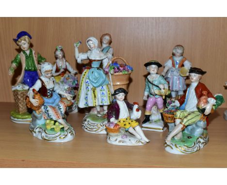 A GROUP OF DRESDEN AND SITZENDORF PORCELAIN FIGURE GROUP, comprising a Sitzendorf seated girl with a hat and flowers, height 