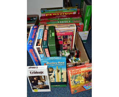 TWO BOXES OF GAMES comprising three editions of Cluedo, The Muppet Show, Monopoly, Farming, The London Game, Risk, Backgammon