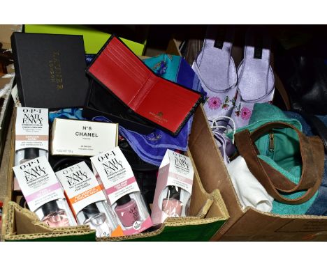TWO BOXES AND LOOSE LADIES' AND MEN'S ACCESSORIES AND COSMETICS, to include a sealed Chanel No 5 bath soap 150g, five boxed b