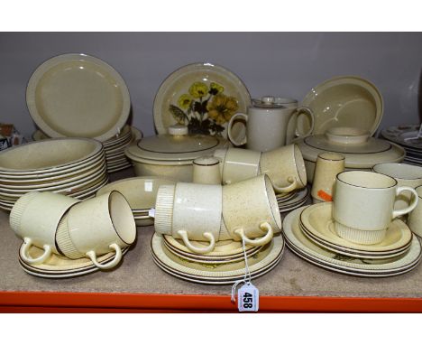 A POOLE POTTERY BROADSTONE COMPACT SHAPE DINNER SET, comprising one sugar bowl, two egg cups, salt and pepper, two covered tu