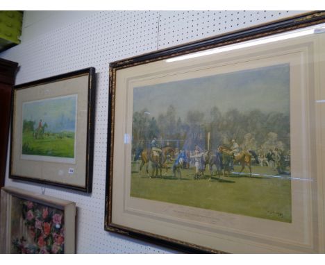 Framed print after A J Munnings R A entitled ‘The Paddock at Epsom, Spring Meeting’ and a signed print of Fox Hunting by Geor