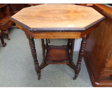 Victorian Rosewood window table of octagonal from with marquetry inlay and boxwood stringing, turned legs joined by galleried