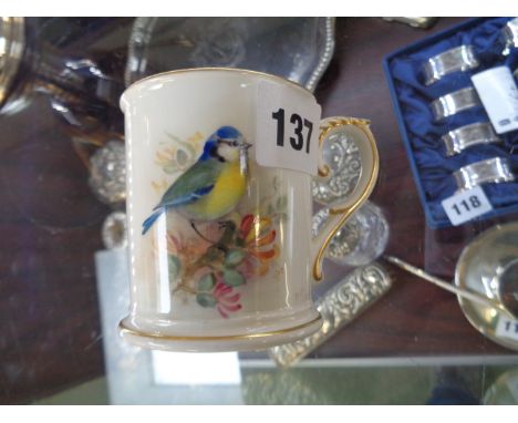 Royal Worcester handpainted mug decorated with Blue Tit signed W Powell
Condition – Hairline to top