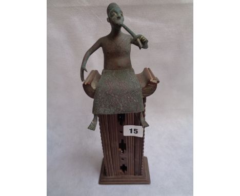 Early 20thC African gilded figure of a man smoking a pipe on tall carved hardwood Ashanti stool, Height 31cm Condition - Dama