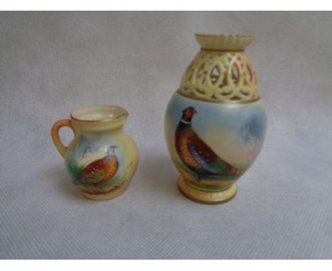 Locke & Co of Worcester Pheasant decorated pierced vase and a matching miniature ewer, Height 10cm and 5.5cm Condition - Good