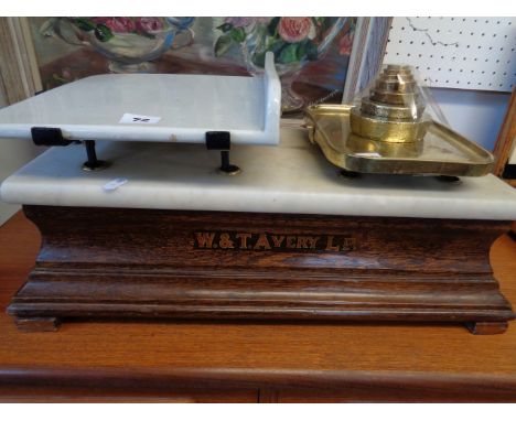 W & T Avery Ltd Oak based Grocers scales with marble top, Brass scale top with weights and pottery scale top Condition - Good