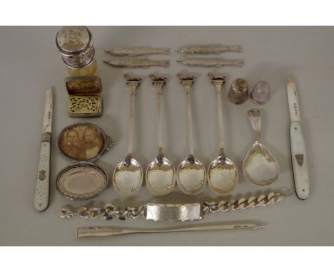 A small group of mixed silver items, to include:&nbsp;a George III caddy spoon, by Alice &amp; George Burrows II; two silver 