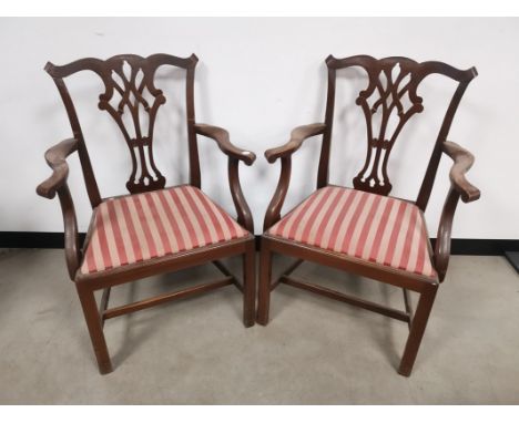 Pair of mahogany carver dining chairs,  With chippendale style splats and light &amp; dark striped drop in seats. 64cm W x 95