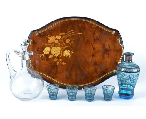 A Continental bulbous glass decanter with silver stopper, height 26cm, together with a part Venetian glass liquor set with wi