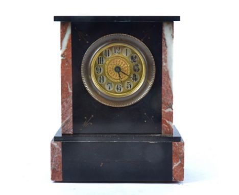 A late Victorian black slate mantle clock,  with marble pilasters and gilt line decoration on a plinth base, gilt circular di