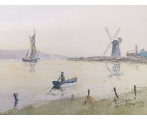 George Murrey, watercolour on paper, of a coastal scene with windmill in the distance, entitled ‘The Broads’ verso, signed lo