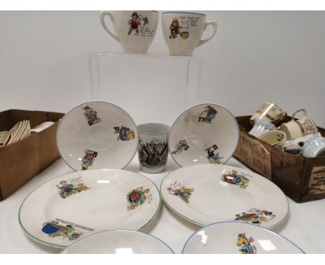 A small group of ceramic nursery ware to include cups and saucers with a transfer printed design of animals and the alphabet,